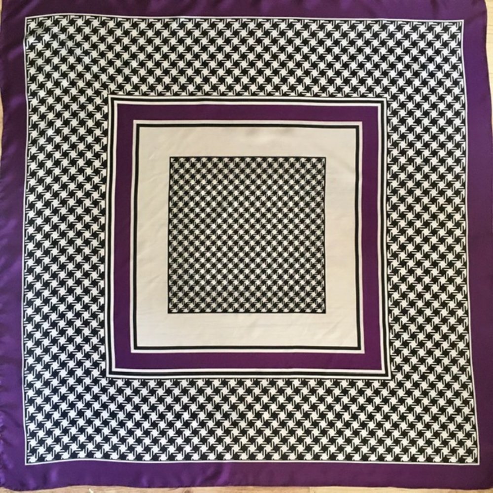 Black White Houndstooth Scarf Purple Border Large Square Hand Rolled Hems
